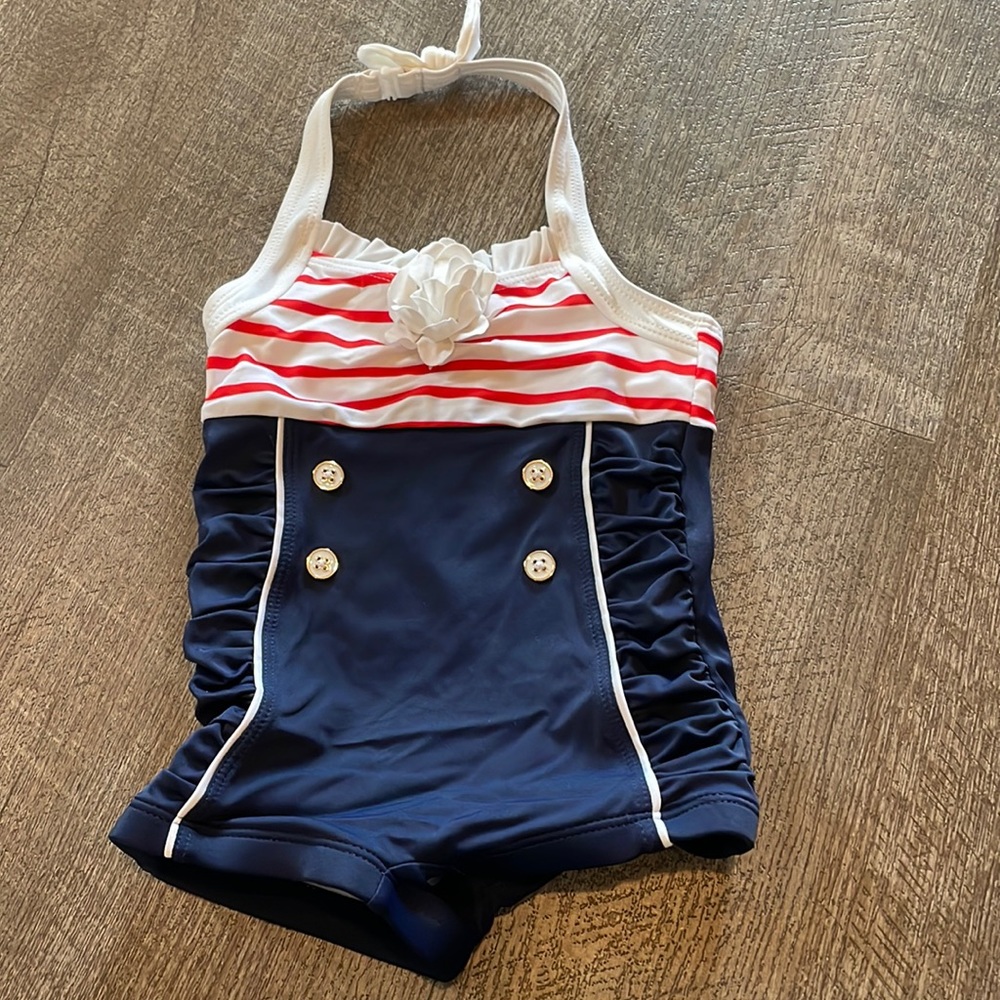 janie and jack red white & blue infant swimsuit with white flowers 18-24M
